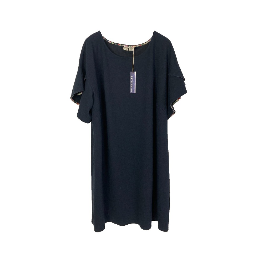 Artisan NY Navy Blue Textured Shift Dress with Floral Trim Sleeves - Size 2X